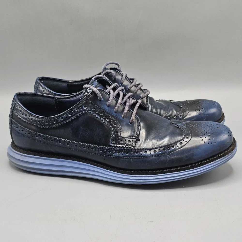Cole Haan Men's Lunargrand Wingtip Leather Oxford Blue Dress Shoes Size 10.5